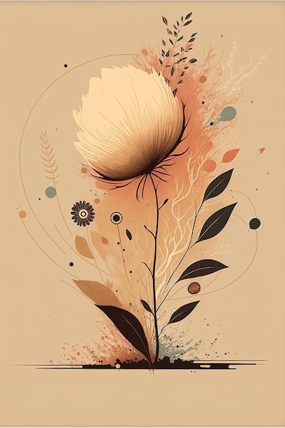 Une affiche marron et beige avec une fleur et une fleur blanche.