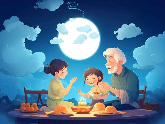 Une affiche de mi-automne avec une famille qui mange ensemble pour célébrer le festival sous la lune