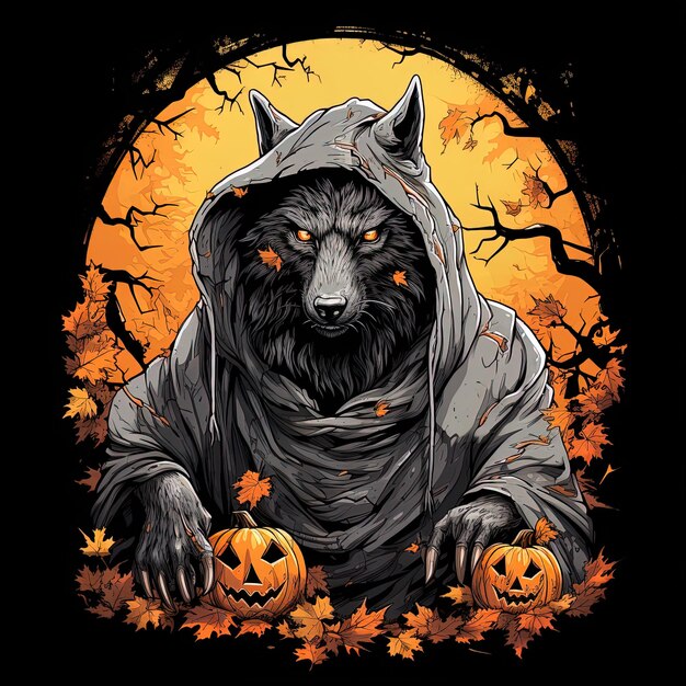 Affiche ou modèle pour l'arrière-plan d'Halloween avec la lune de la forêt du loup effrayant