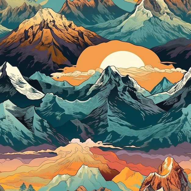 Une affiche avec des montagnes et des montagnes en arrière-plan.