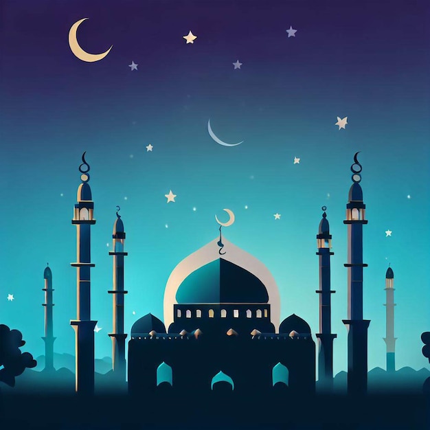Une affiche avec une mosquée et une lune et des étoiles sur le ciel nocturne.