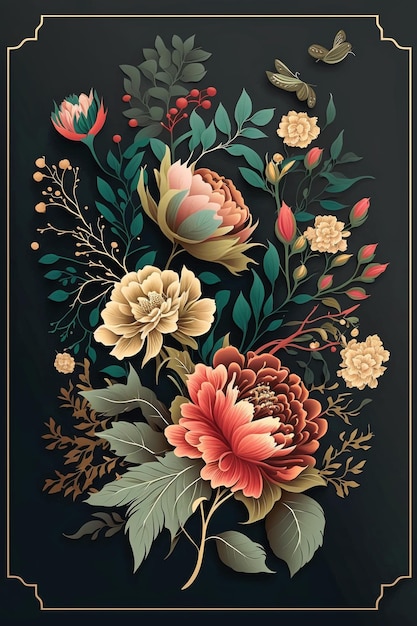 Une affiche avec un motif floral dessus et le mot en bas à droite