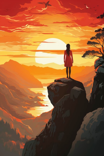 Affiche de motivation fille debout seule sur les rochers regardant le coucher du soleil sur la montagne illustration vectorielle