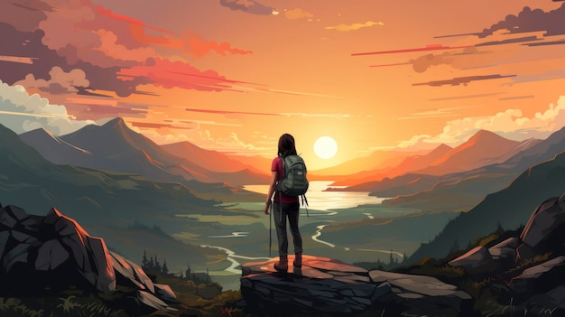 Affiche de motivation fille debout seule sur les rochers regardant le coucher du soleil sur la montagne illustration vectorielle