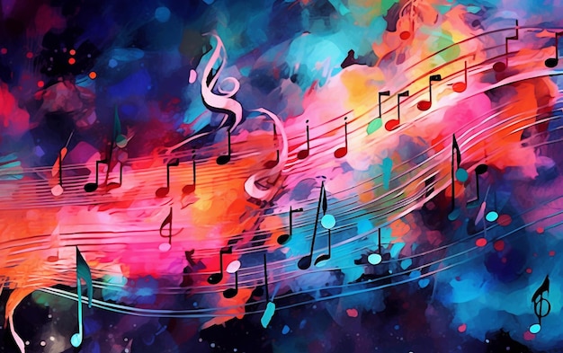 Une affiche musicale colorée avec des notes de musique dessus.