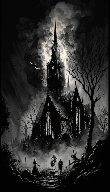 Une affiche en noir et blanc d'une église avec une église en arrière-plan.