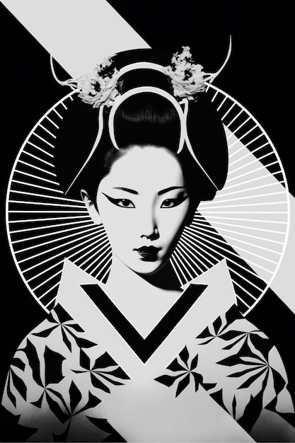 Une affiche en noir et blanc d'une geisha avec un motif circulaire sur le devant.