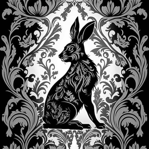 Une affiche en noir et blanc avec un lapin au milieu.