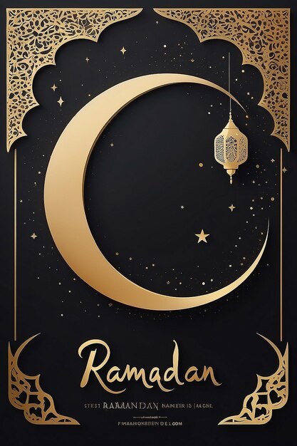 Une affiche noire et dorée avec un croissant de lune et les mots ramadan