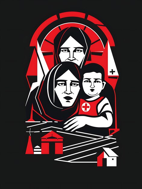 une affiche noire et rouge d'une famille avec une croix dessus