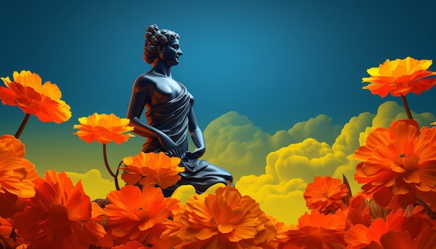 une affiche numérique 3D mettant en vedette une fleur de marigold vibrante solitaire