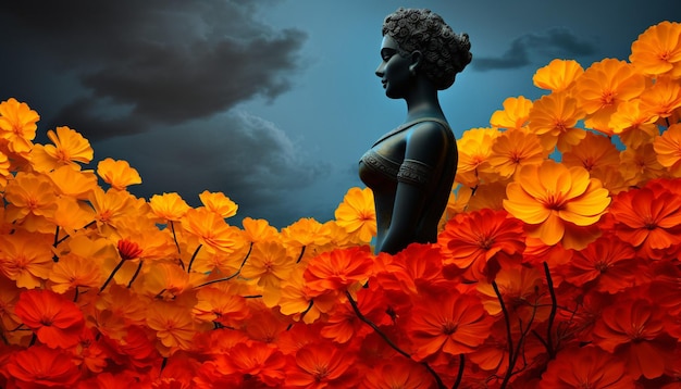 une affiche numérique 3D mettant en vedette une fleur de marigold vibrante solitaire