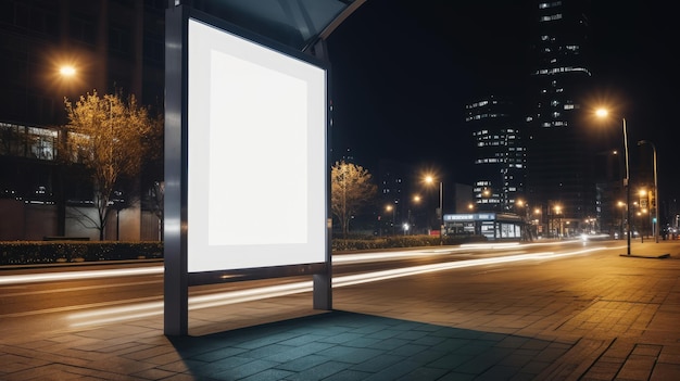 Une affiche numérique verticale blanche orne un panneau d'arrêt de bus de rue de la ville