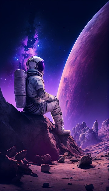 Une affiche de l'odyssée de l'espace avec un homme assis sur un rocher et la lune en arrière-plan.