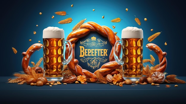 Affiche de l'Oktoberfest avec un bretzel à accordéon et une tasse de bière