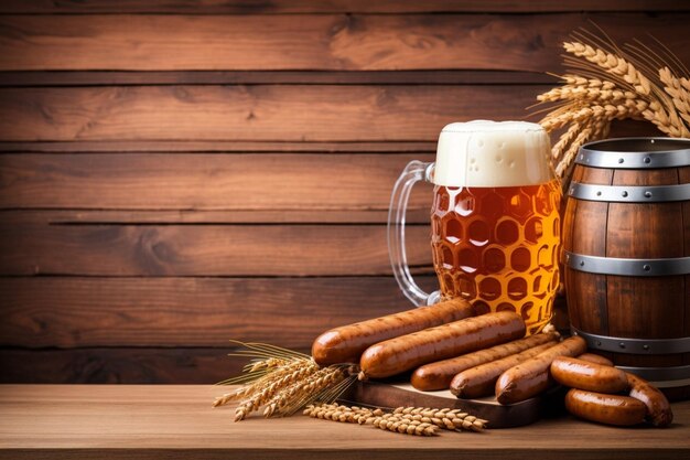 Affiche de l'Oktoberfest avec des saucisses en baril de bière, une tasse de blé, un fond en bois