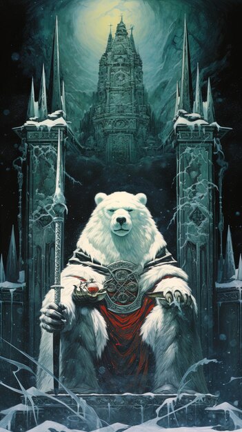 une affiche d'un ours polaire avec une épée à la main