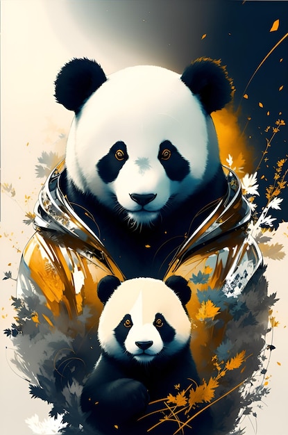 Une affiche avec un panda et un bébé