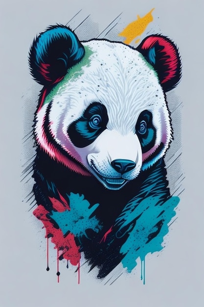 Une affiche d'un panda avec un fond bleu et rouge.