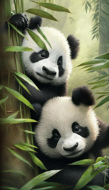 Une affiche de pandas dans une forêt de bambous.