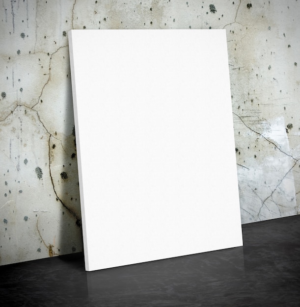 Photo affiche de papier blanc vierge sur le mur de béton de fissure et plancher de ciment noir