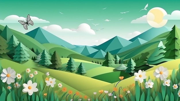Affiche de paysage de paysage de nature verte dans un style de papier découpé AI générative