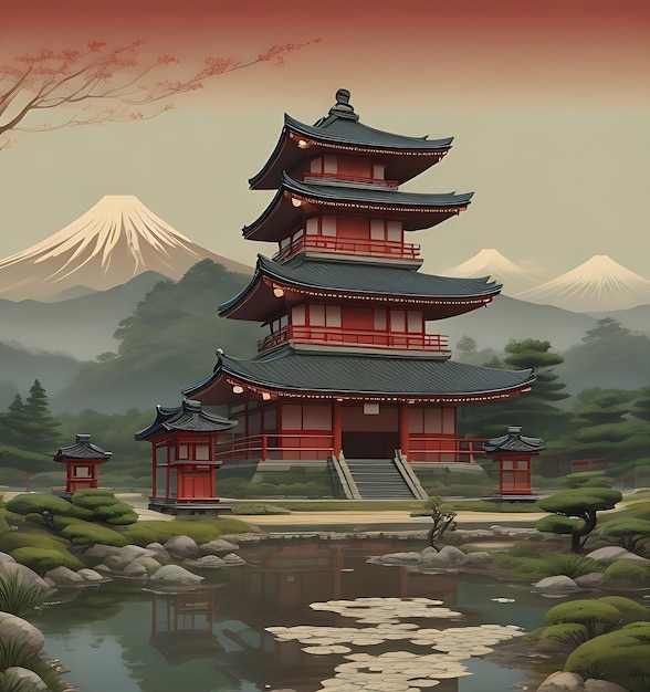 Affiche de paysage de temple vintage japonais AI générative