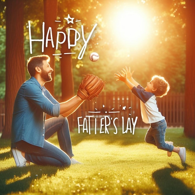 Photo une affiche d'un père et d'un fils jouant avec une balle et les mots joyeux jour du père