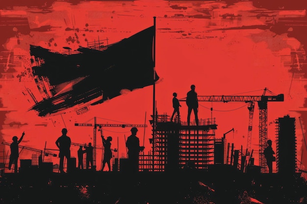 Photo une affiche de personnes sur un chantier de construction avec un fond rouge