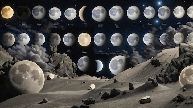 une affiche des phases de la lune dans le ciel au-dessus de la terre