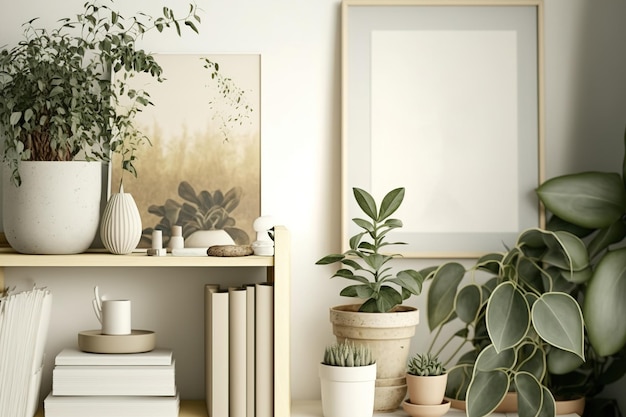 Affiche avec place pour les affiches de manuels et une plante de ficus sur une étagère Design d'intérieur scandinave Minimalisme murs beige pastel