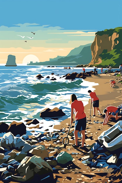 Une affiche plaidant pour le nettoyage des plages illustrant un concept créatif dynamique de voyage durable