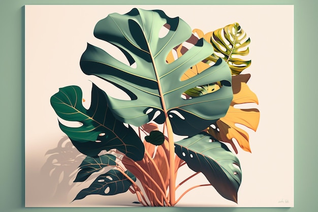 Une affiche d'une plante tropicale avec une bordure verte et un fond vert.