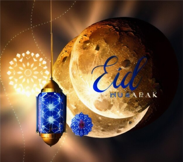 Photo une affiche pour l'aïd moubarak avec une lune et une lampe