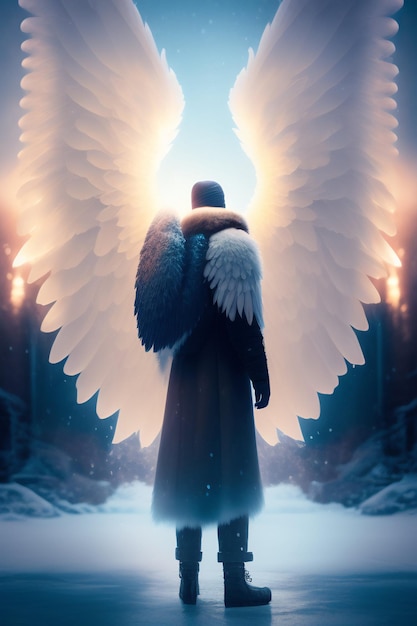 Une affiche pour les ailes d'ange avec un homme marchant dans la neige.