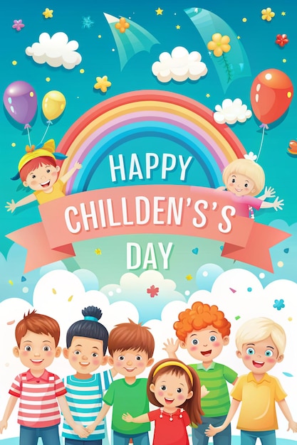 une affiche pour l'anniversaire des enfants avec un arc-en-ciel en arrière-plan