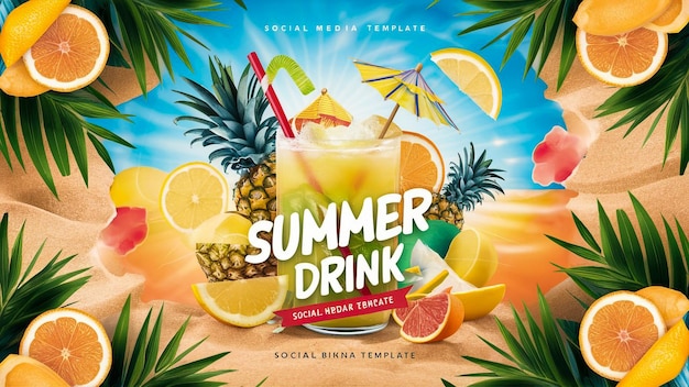 une affiche pour une boisson d'été d'été avec des palmiers et des fruits tropicaux