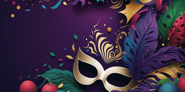 une affiche pour un carnaval avec un masque d'argent et une feuille d'or.