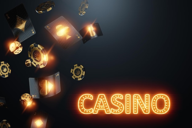 Affiche pour un casino en noir et or honorant un en-tête pour un site de casino en ligne Inscription au casino Pari jeux de cartes cartes roulette casino lettrage rendu 3D illustration 3D