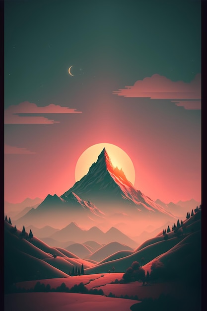 Une affiche pour une chaîne de montagnes avec la lune en arrière-plan.