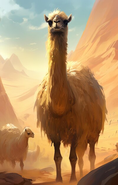 Photo une affiche pour un chameau appelé alpaca avec des montagnes en arrière-plan