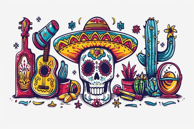 une affiche pour un chapeau mexicain mexicain avec un crâne et d'autres objets