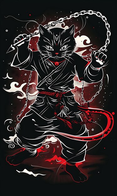 une affiche pour un chat noir avec une ceinture rouge et une épée à la main