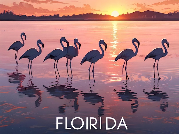 une affiche pour le coucher de soleil avec des flamants roses dessus