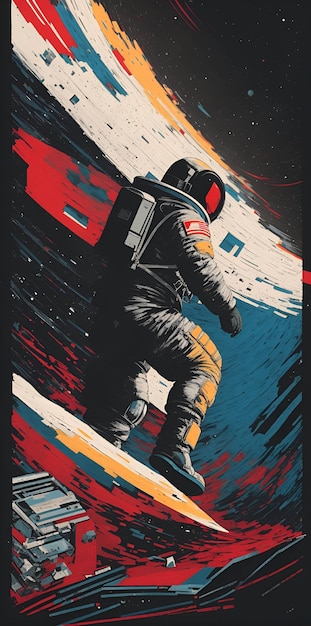 Une affiche pour la course à l'espace montre un homme en costume et un casque.