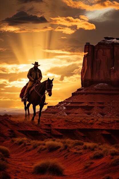 Photo une affiche pour un cow-boy sur un cheval avec un coucher de soleil en arrière-plan