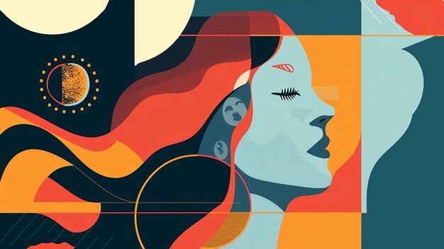 une affiche pour une femme avec des cheveux rouges et un fond noir et orange