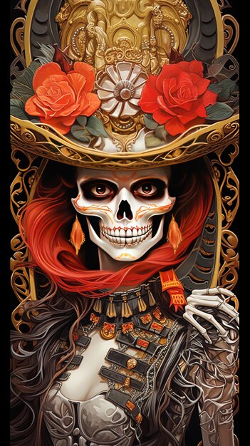 une affiche pour une femme avec un crâne et des roses sur la tête