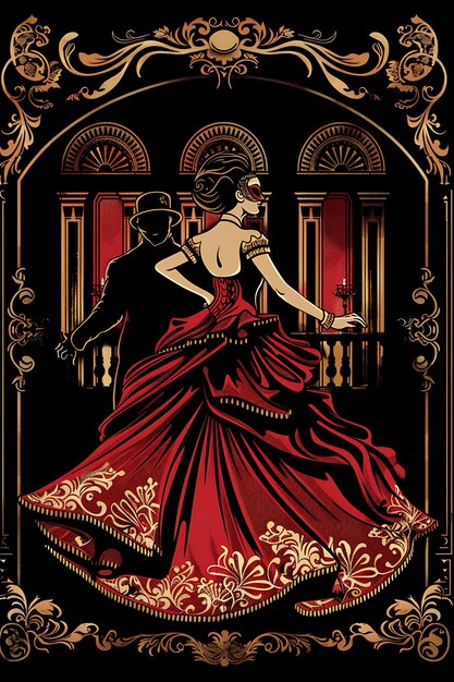 une affiche pour une femme dans une robe rouge avec un verre de vin au milieu