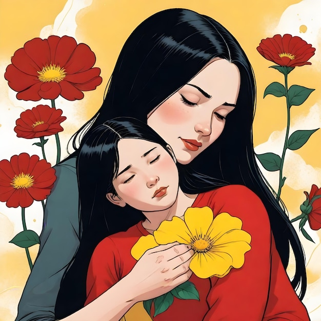 une affiche pour une femme avec un enfant et des fleurs